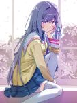  1girl akayama_yukihe arm_between_legs arm_rest blue_sky blush breasts buttons clannad commentary_request cowboy_shot day frown fujibayashi_kyou hand_on_own_face highres jacket knee_up long_hair looking_at_viewer one_side_up pleated_skirt purple_hair sailor_collar school_uniform sitting skirt sky small_breasts solo sunlight thigh-highs very_long_hair violet_eyes white_sailor_collar white_thighhighs window yellow_jacket 