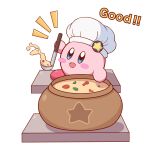  :d absurdres blue_eyes blush_stickers chef_hat commentary_request cook_kirby english_text food hat highres holding kirby kirby&#039;s_dream_land kirby_(series) ladle notice_lines simple_background smile solo standing star_(symbol) white_background white_hat yuya090602 