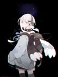  1girl backpack bag black_bag black_skirt black_socks closed_mouth forever_7th_capital grey_jacket headphones jacket long_sleeves looking_at_viewer looking_back sapphire_(nine) seraphim_(forever_7th_capital) short_hair skirt socks solo white_eyes white_hair 