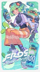  1girl blunt_ends blush bracelet can covered_navel elbow_gloves food frog fruit full_body gloves goggles goggles_on_head green_hair grin highres holding holding_can jewelry lime_(fruit) lime_slice looking_at_viewer orange_eyes original pants shoes short_hair smile sneakers socks solo thick_eyebrows ushinoki 