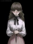  1girl black_background black_ribbon brown_eyes brown_hair cowboy_shot fear_&amp;_hunger fear_&amp;_hunger_2:_termina frilled_shirt_collar frills highres holding holding_knife knife long_hair long_sleeves marina mouth_piercing own_hands_together pink_skirt ribbon shirt simple_background skirt solo standing tomatoketchup96 twitter_username white_shirt 