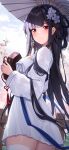  1girl azur_lane black_hair box closed_mouth clouds cloudy_sky dress fence flower hair_flower hair_ornament hands_up highres holding holding_box holding_umbrella light_blush long_hair looking_at_viewer official_alternate_costume official_art oil-paper_umbrella outdoors red_eyes sky solo thigh-highs umbrella white_dress white_flower white_thighhighs yat_sen_(azur_lane) yat_sen_(paragon_of_celestial_grace)_(azur_lane) 
