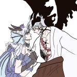  1boy 1girl astaxnoelle astelle eyes_open face_markings grey_hair horns markings non-web_source scar staring_at_another tears wings 