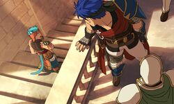  2boys 2others animal_ears armor blue_hair cape cat_boy cat_ears donta30303 fingerless_gloves fire_emblem fire_emblem:_radiant_dawn gloves green_hairband hairband ike_(fire_emblem) laguz_(fire_emblem) looking_at_another male_focus multiple_boys multiple_others on_stairs pants pauldrons railing ranulf_(fire_emblem) red_cape short_hair shoulder_armor single_pauldron sleeveless stairs tail white_pants 