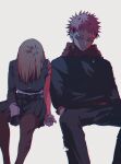  1boy 1girl arm_tattoo bad_id bad_twitter_id commentary_request facial_tattoo hand_in_pocket head_down highres hood hoodie itadori_yuuji jujutsu_kaisen kugisaki_nobara looking_to_the_side pantyhose school_uniform short_hair simple_background sitting spiky_hair tattoo wl6yugi8go1 