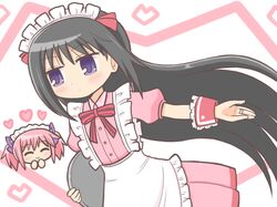  2girls akemi_homura apron bad_id bad_twitter_id black_hair closed_eyes collared_dress commentary_request dress expressionless frilled_apron frills heart holding holding_tray jewelry kaname_madoka long_hair mahou_shoujo_madoka_magica maid maid_headdress multiple_girls neck_ribbon official_alternate_costume pink_dress pink_hair pink_ribbon puffy_short_sleeves puffy_sleeves reverse_(bluefencer) ribbon ring short_sleeves smile solo_focus standing tray twintails violet_eyes waist_apron white_apron wrist_cuffs 