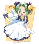  1girl animal_ears animal_hat apron bell bow cat_ears cat_hat cat_tail cocia_(kosianko) dejiko di_gi_charat dress green_eyes green_hair hair_bell hair_ornament hat highres jingle_bell maid_apron neck_bell one_eye_closed open_mouth short_hair smile tail tail_bow tail_ornament 