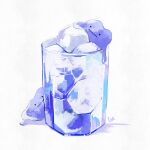  closed_mouth colored_skin commentary cup ditto glass highres ice li04r object_focus pokemon pokemon_(creature) purple_skin signature simple_background smile solid_circle_eyes water white_background 