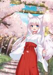  1girl :d absurdres animal_ears blue_sky bow branch breasts clouds commentary_request day flower fox_ears fox_girl fox_tail hair_between_eyes hakama hakama_skirt highres hip_vent japanese_clothes kimono long_hair long_sleeves looking_at_viewer miko open_mouth original outdoors petals pink_flower red_bow red_hakama rodo_(oekakisyakaijin) skirt sky small_breasts smile solo stairs stone_stairs tail tree very_long_hair white_hair white_kimono wide_sleeves 