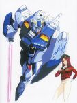  1980s_(style) 1girl beam_saber beret character_name christina_mackenzie earth_federation_space_forces gloves gundam gundam_0080 gundam_alex hat highres jacket kawamoto_toshihiro key_visual long_hair mecha military military_uniform mobile_suit official_art pants pilot production_art promotional_art redhead retro_artstyle robot scan scarf science_fiction shield soldier traditional_media uniform v-fin white_gloves white_pants white_scarf 