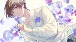  1boy belt black_belt brown_hair character_name closed_mouth collarbone collared_shirt dated dutch_angle floral_background flower happy_birthday holding holding_flower light_smile looking_at_viewer male_focus ootori_eiji open_collar pants sakuro shirt short_hair solo upper_body uta_no_prince-sama violet_eyes white_shirt 