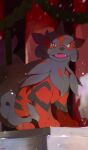  animal_focus artist_name ashes brown_eyes commentary crack dog english_commentary fangs full_body grey_eyes highres hisuian_arcanine kel-del light_particles looking_at_viewer no_humans open_mouth pokemon pokemon_(creature) sitting solo three_quarter_view tongue 