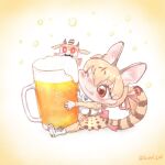  1girl alcohol animal_ears beer beer_mug boots brown_eyes brown_hair cat_ears cat_girl cat_tail cup extra_ears highres kemono_friends kemono_friends_v_project large-spotted_genet_(kemono_friends) long_hair microphone mug one_eye_closed orange_background ribbon saival_cat shirt simple_background skirt suspenders tail thigh-highs twintails virtual_youtuber 