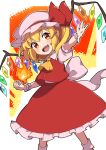  1girl :d absurdres ascot blonde_hair crystal fire flandre_scarlet hat hat_ribbon highres looking_at_viewer miz_(mizillustration) mob_cap open_mouth outside_border pink_hat puffy_short_sleeves puffy_sleeves red_eyes red_ribbon red_skirt red_vest ribbon shirt short_hair short_sleeves skirt smile solo teeth touhou upper_teeth_only vest white_shirt wings wrist_cuffs yellow_ascot 