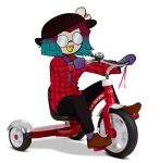  1girl aqua_hair black_hat black_pants brown_footwear full_body glasses hat highres long_sleeves opaque_glasses open_mouth pants plaid plaid_shirt red_shirt redhead riding_tricycle shadow shirt shoes simple_background smile solo splatoon_(series) splatoon_3 tosh_(splatoon) tricycle tripledip white_background 