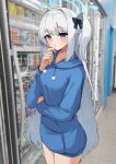  1girl bcag. blue_archive blue_halo blue_hoodie blush closed_mouth cowboy_shot halo highres hood hood_down hoodie indoors long_hair miyako_(blue_archive) miyako_(young)_(blue_archive) official_alternate_costume one_side_up outdoors solo violet_eyes white_hair 