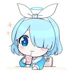  +_+ 1girl arona_(blue_archive) blue_archive blue_eyes blue_hair blue_halo blue_shirt blush_stickers bow bow_hairband bowtie braid chair chibi closed_mouth colored_inner_hair drinking drinking_straw hair_ornament hair_over_one_eye hairband halo hand_up holding long_sleeves looking_to_the_side milk_carton multicolored_hair puffy_long_sleeves puffy_sleeves purple_hair rei_(tonbo0430) ribbon sailor_collar shirt short_hair simple_background single_braid sitting smile solo sparkle table white_background white_bow white_bowtie white_hairband white_ribbon 