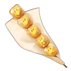  :d absurdres character-themed_food commentary english_commentary food food_focus frown highres himochuu no_humans noob_(roblox) open_mouth paper roblox signature skewer smile smiley_face still_life tanghulu white_background 