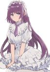  1girl alternate_costume blue_eyes blush closed_mouth collar dress eyelashes frilled_collar frilled_dress frilled_hairband frills hairband highres long_hair looking_at_viewer maid_day maid_headdress monogatari_(series) necktie pantyhose puffy_short_sleeves puffy_sleeves purple_hair purple_necktie senjougahara_hitagi short_sleeves sidelocks simple_background sitting solo valhalla0707 wariza white_background white_dress white_pantyhose 