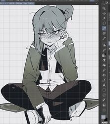  1boy blush closed_mouth coat collared_shirt crossed_legs folded_ponytail full_body greyscale hagan_tw hand_up highres library_of_ruina looking_to_the_side monochrome netzach_(project_moon) pants project_moon shirt shoes simple_background sitting solo sweat 