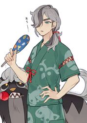  1boy arm_up arven_(pokemon) black_fur candy_apple commentary food food_in_mouth green_eyes green_kimono grey_fur grey_hair hair_over_one_eye hair_tie hand_fan hand_on_own_hip highres holding holding_fan japanese_clothes kaminokefusa kimono long_hair looking_at_another mabosstiff male_focus multicolored_hair open_mouth pokemon pokemon_(creature) pokemon_sv ponytail print_kimono print_paper_fan red_ribbon ribbon sharp_teeth simple_background summer_festival sweat sweatdrop teeth two-tone_hair white_background wide_sleeves yellow_pupils 