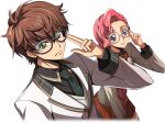  1boy 1girl adjusting_eyewear artist_request black-framed_eyewear black_shirt black_thighhighs blue_eyes bow bowtie braid brown_hair buttons closed_mouth code_geass code_geass:_lost_stories collared_shirt cowboy_shot cropped_legs cropped_torso dutch_angle euphemia_li_britannia game_cg glasses green_eyes green_necktie hair_over_shoulder hand_up happy jacket kururugi_suzaku layered_sleeves leaning_forward long_hair long_sleeves looking_at_viewer miniskirt necktie non-web_source official_art pink_hair plaid plaid_bow plaid_bowtie plaid_necktie pleated_skirt pose_imitation red_bow red_bowtie red_skirt round_eyewear school_uniform serious shirt short_hair sidelocks simple_background single_braid skirt smile standing thigh-highs transparent_background upper_body white-framed_eyewear white_jacket zettai_ryouiki 