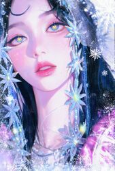  1girl absurdres aespa asian black_hair blue_eyes blue_flower blush devilzong flower heart heart_in_eye highres k-pop karina_(aespa) long_hair parted_lips portrait purple_shirt real_life realistic red_lips shirt snowflakes solo symbol_in_eye 