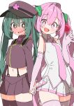  2girls absurdres black_thighhighs blush character_request check_character elbow_gloves gloves green_hair hatsune_miku highres long_hair long_sleeves multiple_girls necktie open_mouth pink_eyes pink_gloves pink_hair pink_necktie pleated_skirt skirt smile thigh-highs twintails uruti_2388 vocaloid 