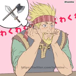  1boy axe battle_axe blonde_hair blush cheekbones crossed_weapons elbows_on_table facial_hair goatee happy head_rest headband isomine light_blush looking_ahead male_focus mature_male mustache pencil_mustache sanpaku short_hair solo sword thorkell vinland_saga weapon 