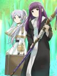  2girls absurdres belt black_robe capelet dated day elf fern_(sousou_no_frieren) frieren gold_trim green_eyes grey_hair highres holding holding_luggage holding_staff holding_suitcase multiple_girls outdoors pointy_ears purple_hair robe shirt skirt sousou_no_frieren staff suitcase violet_eyes white_capelet white_shirt white_skirt y.kami_nao/take 