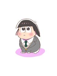  1boy aged_down animalization black_hair blazer blush floppy_ears green_necktie grey_jacket highres human_head jacket looking_up matsuno_todomatsu necktie osomatsu-san parted_lips rabbit rabbit_boy school_uniform white_fur yumeno_haruka 