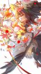  1girl autumn_leaves bird_wings black_thighhighs castor362089261 commentary_request falling_leaves feathered_wings geta highres leaf orange_eyes pom_pom_(clothes) red_footwear shameimaru_aya shirt short_hair solo tengu-geta thigh-highs touhou white_shirt wings 