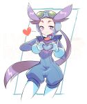  1girl blush cheesecakes_by_lynx closed_mouth english_commentary gloves heart heart_hands highres long_hair looking_at_viewer pilot_helmet pilot_suit pokemon pokemon_oras purple_hair smile solo very_long_hair violet_eyes watermark white_gloves winona_(pokemon) 