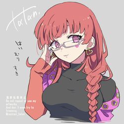  1girl alternate_hairstyle blunt_bangs braid breasts earrings gnosia heart heart_earrings heart_tattoo jewelry long_hair long_sleeves looking_at_viewer nail_polish pink_eyes raciraci_tatan red_eyes redhead simple_background smile solo sq_(gnosia) tattoo translation_request turtleneck twin_braids upper_body 