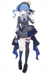  1girl absurdres asymmetrical_legwear beret blue_eyes blue_hair blue_nails dress full_body gloves hat highres holding holding_microphone hololive hoshimachi_suisei hoshimachi_suisei_(1st_costume) microphone mismatched_legwear nolc partially_fingerless_gloves plaid plaid_dress side_ponytail smile star_(symbol) star_in_eye symbol_in_eye thigh_strap virtual_youtuber 