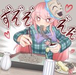  1girl blush bow bowl bowtie bright_pupils chopsticks collared_shirt commission cup eating emphasis_lines food food_on_face food_request hata_no_kokoro heart holding holding_bowl holding_chopsticks igu_(103milk) long_hair long_sleeves mask mask_on_head noodles pink_eyes pink_hair plaid plaid_shirt shirt shrimp shrimp_tempura skeb_commission soba solo tempura touhou translation_request white_pupils 