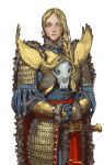  1girl absurdres arm_guards armor blonde_hair braid closed_mouth dagger highres knife lips long_hair long_sleeves mossacannibalis pauldrons sheath sheathed shoulder_armor simple_background skull solo upper_body warhammer_fantasy weapon white_background yellow_eyes 