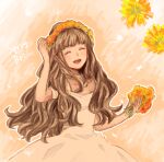  1girl ^_^ bad_drawr_id bad_id blush bouquet brown_hair character_request closed_eyes copyright_request dress english_text flower gradient_background happy head_wreath holding holding_bouquet long_hair looking_at_viewer megamegaglass open_mouth orange_background orange_flower orange_theme outline smile solo wavy_hair white_dress white_outline 