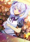 1girl apron black_shirt blurry blurry_background bottle bow breasts collared_shirt commentary_request commission cup depth_of_field dress_shirt drinking_glass dutch_angle frilled_apron frills grey_hair hair_bow holding indoors kou_hiyoyo looking_at_viewer medium_breasts neck_ribbon original parted_lips pink_bow puffy_short_sleeves puffy_sleeves purple_ribbon ribbon shirt short_sleeves skeb_commission solo twintails violet_eyes white_apron 