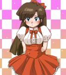  1girl arms_behind_back blush breasts brown_hair closed_mouth embarrassed kuonji_ukyou lowres orange_ribbon pout ranma_1/2 ribbon skirt solo square wanta_(futoshi) 
