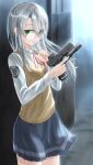  1girl absurdres breasts collared_shirt commentary_request eyes_visible_through_hair glasses glock green_eyes grey_hair gun hair_behind_eyewear hair_over_one_eye handgun highres hiiragi_senri holding holding_gun holding_weapon long_hair long_sleeves looking_at_viewer neck_ribbon optical_sight original parted_lips red_ribbon ribbon round_eyewear shirt skirt small_breasts solo sweater_vest trigger_discipline upper_body weapon white_shirt 