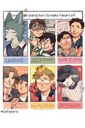  ! !! 6+boys animal_ears batman_(series) beard_stubble beastars black_hair blonde_hair blue_eyes brown_hair buzzfeed_unsolved callmecarson character_name cosplay crossover crown dark-skinned_male dark_skin dc_comics edward_nygma english_text facial_hair furry furry_male glasses gomi_(gomiidd) green_eyes hat heart highres horns jschlatt kryoz legoshi male_focus minecraft_youtube multiple_boys multiple_drawing_challenge off_(game) open_mouth oswald_chesterfield_cobblepot real_life ryan_bergara shane_madej sheep_boy sheep_ears sheep_horns short_hair six_fanarts_challenge smii7y smplive speech_bubble stubble the_batter_(off) the_batter_(off)_(cosplay) wolf_boy wolf_ears 