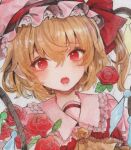  1girl ascot blonde_hair crystal flandre_scarlet flower hat hat_ribbon mob_cap monji_(monzi328) multicolored_wings one_side_up open_mouth puffy_short_sleeves puffy_sleeves red_eyes red_skirt red_vest ribbon short_sleeves side_ponytail skirt skirt_set solo touhou traditional_media upper_body vest watermark white_hat wings yellow_ascot 