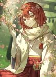  1boy bishounen branch cherry_blossoms closed_mouth commentary_request eyelashes falling_petals flower hair_between_eyes hair_flower hair_ornament hanasaki_miyabi holding holding_branch holostars japanese_clothes long_sleeves looking_at_viewer male_focus outdoors petals redhead scarf short_hair smile solo tassel torii upper_body virtual_youtuber white_scarf yellow_eyes yu_yu_(yuyuuuu99550771) 