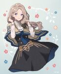  1girl ascot black_bow blonde_hair blue_background bow brown_capelet buttons capelet closed_mouth commentary_request fire_emblem fire_emblem:_three_houses floral_background floral_print garreg_mach_monastery_uniform hair_bow highres long_hair long_sleeves looking_at_viewer mercedes_von_martritz ponytail smile solo violet_eyes white_ascot yuurururun 