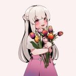  1girl blush bow bow_skirt braid flower french_braid grey_hair holding holding_flower hydraix_choi liv_(punishing:_gray_raven) long_hair open_mouth orange_flower orange_tulip pink_eyes pink_flower pink_skirt pink_tulip punishing:_gray_raven purple_flower purple_tulip red_flower red_tulip short_sleeves sidelocks signature skirt solo teeth tulip upper_teeth_only white_bow white_hair 