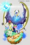  1girl bare_legs beanie bird black_hair blue_eyes bounsweet closed_mouth commentary crescent dirt english_commentary flower grass green_shorts grey_background grubbin hat image_sample lunala matsu-jun path pikipek pokemon pokemon_(creature) pokemon_sm red_footwear road_sign selene_(pokemon) shirt shoes short_hair short_sleeves shorts sign smile sneakers solo sparkle third-party_source violet_eyes wings yellow_eyes yellow_shirt 