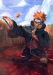  1boy 2019 akatsuki_uniform amegakure_symbol artist_name closed_mouth clouds cloudy_sky commentary dragon--anime ear_piercing earrings english_commentary forehead_protector highres jewelry lip_piercing long_sleeves male_focus nail_polish naruto_(series) naruto_shippuuden nose_piercing orange_hair outdoors pain_(naruto) piercing realistic red_nails rinnegan short_hair sky solo spiky_hair uniform violet_eyes 