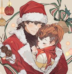  1boy 1girl aragaki_shinjirou bell blush brown_eyes brown_hair christmas christmas_ornaments closed_eyes closed_mouth coat couple fur_trim gomsuk4 hair_ornament hairclip hat hetero korean_commentary persona persona_3 persona_3_portable pinecone red_coat red_scarf ribbon santa_costume santa_hat scarf shared_clothes shiomi_kotone simple_background smile upper_body 