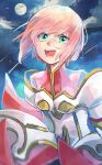  1girl :d armor armored_dress clouds commentary_request dress estellise_sidos_heurassein full_moon gold_trim green_eyes moon night night_sky nike_(thebloomingmoon) open_mouth pink_hair short_hair sky smile solo star_(sky) tales_of_(series) tales_of_vesperia teeth white_dress 
